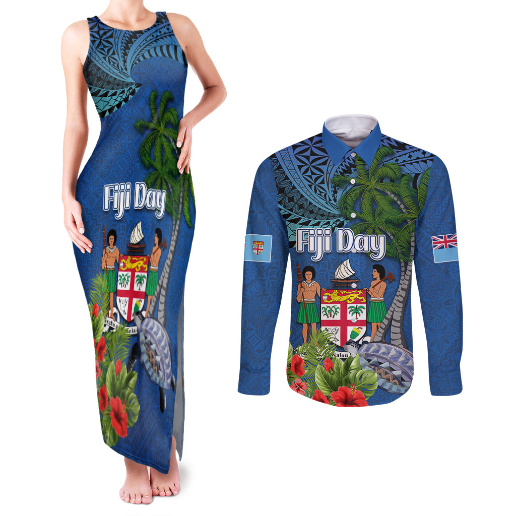 Personalised Fiji Independence Day Couples Matching Tank Maxi Dress and Long Sleeve Button Shirt Fijian Coat of Arms Palm and Hibiscus Tapa Pattern LT03 Blue - Polynesian Pride