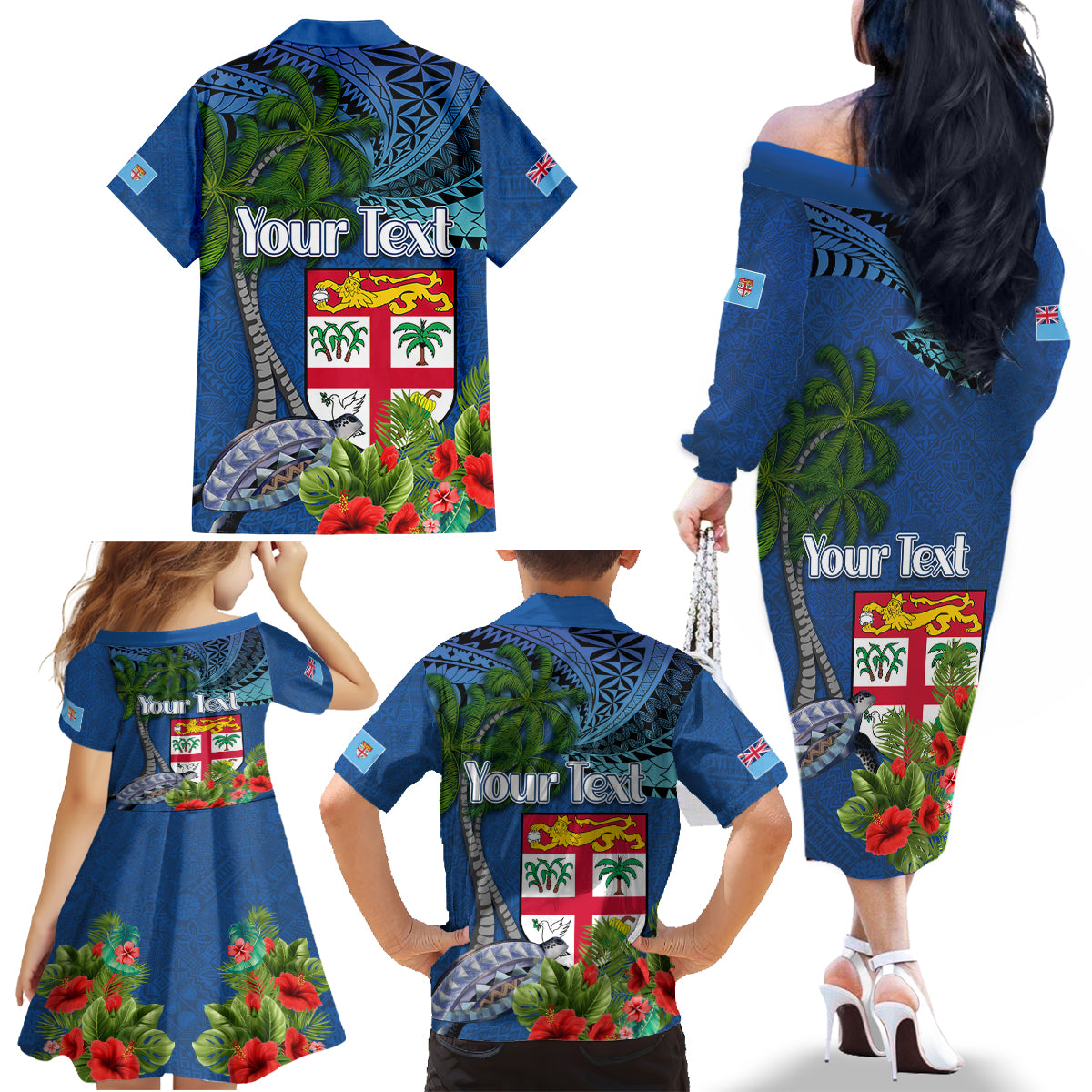 Fiji Independence Day Family Matching Off The Shoulder Long Sleeve Dress and Hawaiian Shirt Fijian Coat of Arms Palm and Hibiscus Tapa Pattern
