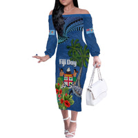Fiji Independence Day Family Matching Off The Shoulder Long Sleeve Dress and Hawaiian Shirt Fijian Coat of Arms Palm and Hibiscus Tapa Pattern