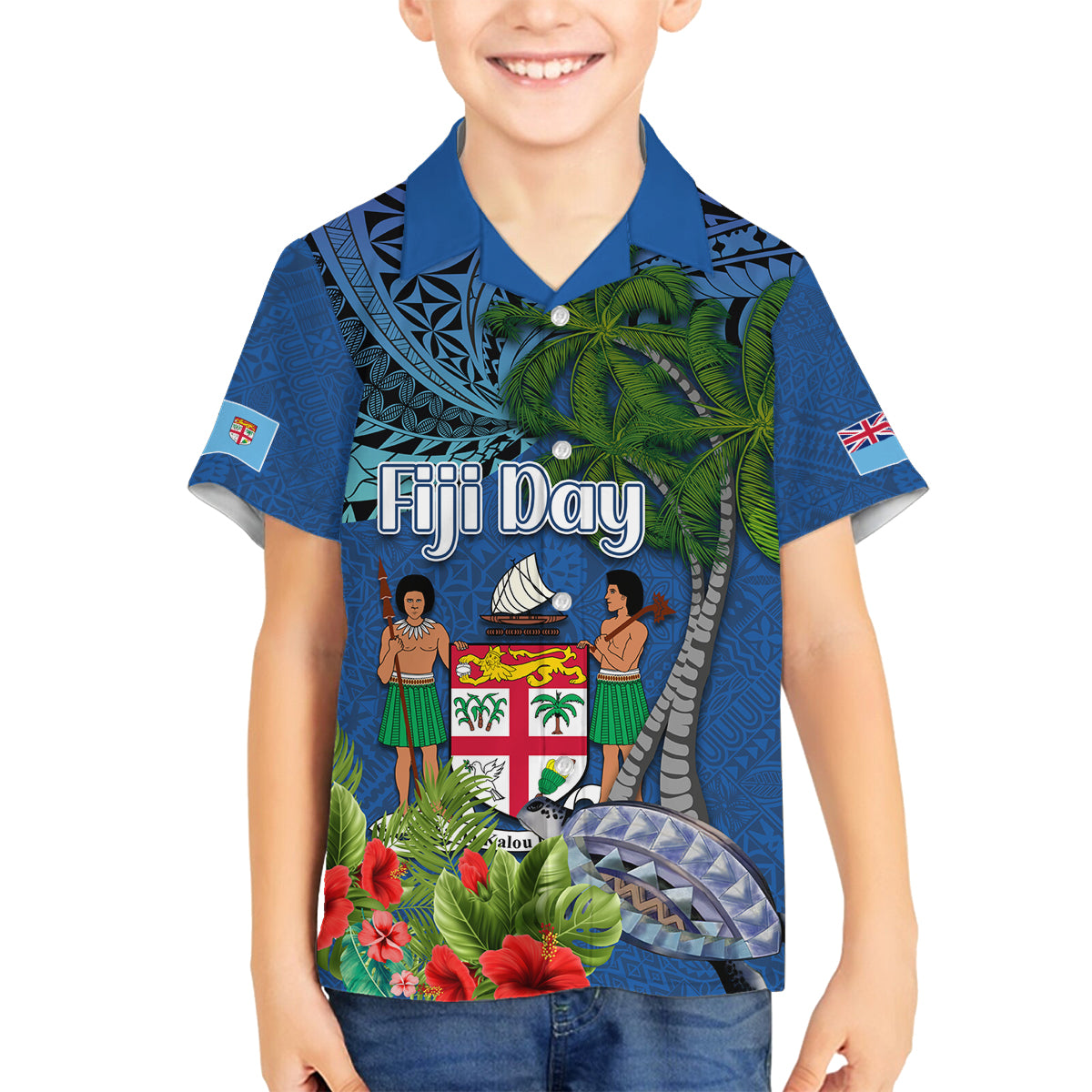 Fiji Independence Day Family Matching Off The Shoulder Long Sleeve Dress and Hawaiian Shirt Fijian Coat of Arms Palm and Hibiscus Tapa Pattern