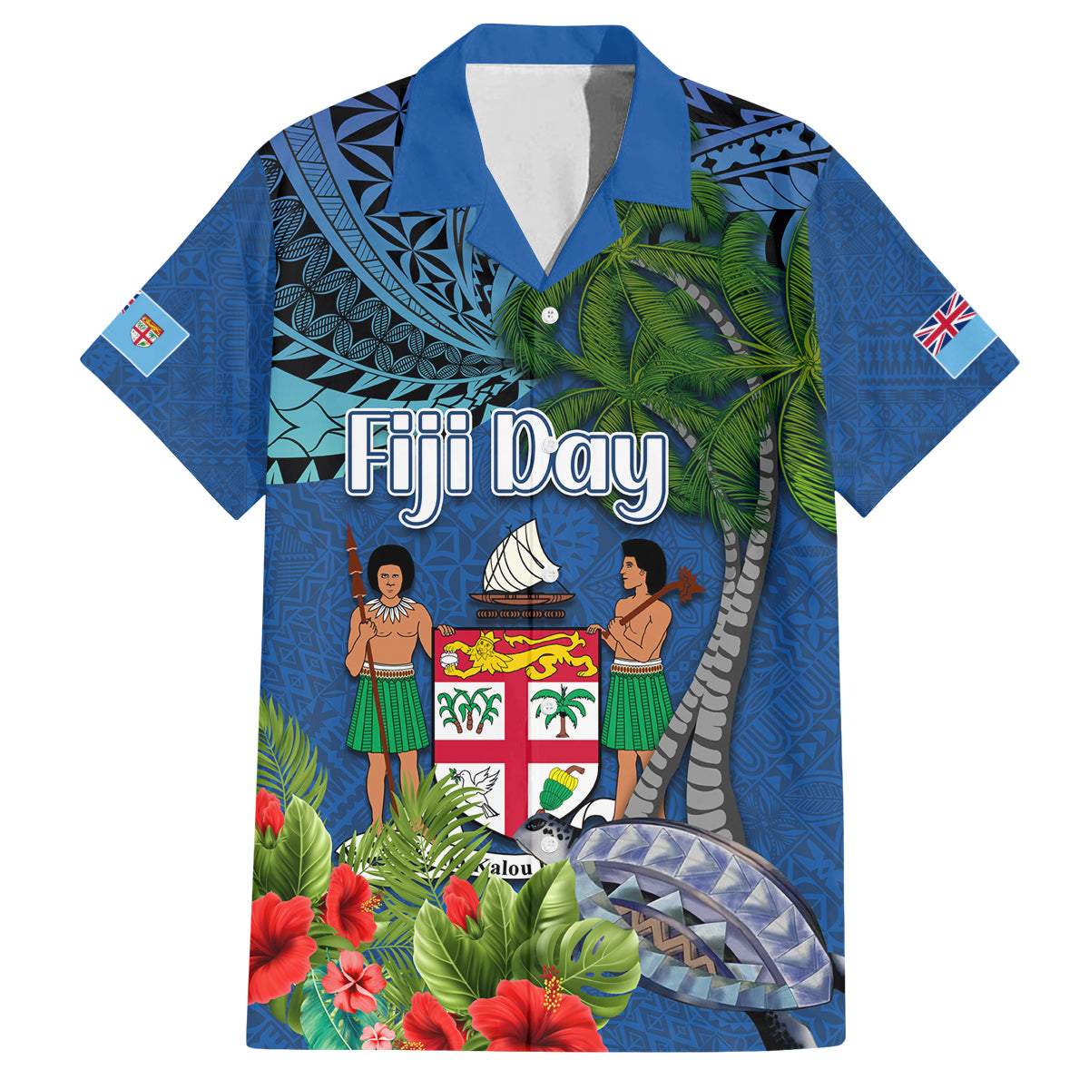 Fiji Independence Day Family Matching Off Shoulder Short Dress and Hawaiian Shirt Fijian Coat of Arms Palm and Hibiscus Tapa Pattern