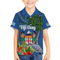 Fiji Independence Day Family Matching Tank Maxi Dress and Hawaiian Shirt Fijian Coat of Arms Palm and Hibiscus Tapa Pattern