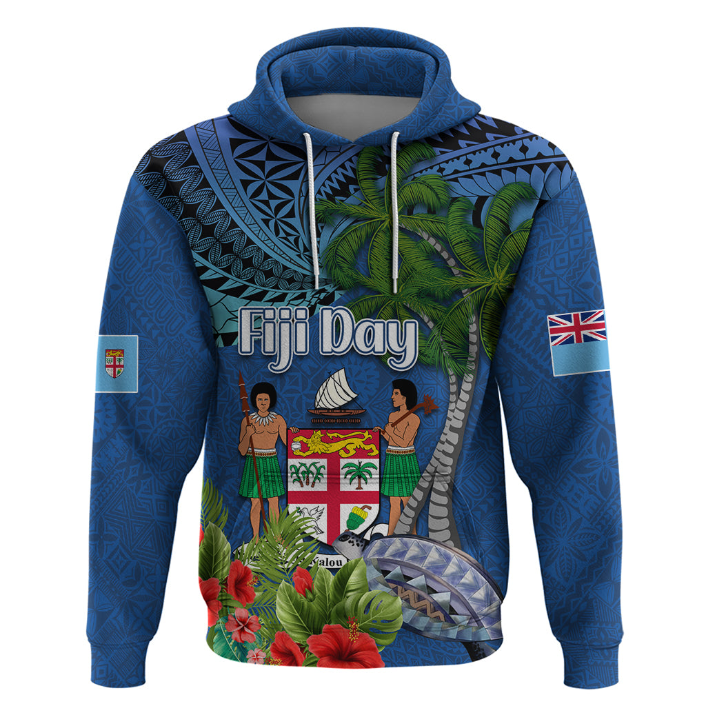 Personalised Fiji Independence Day Hoodie Fijian Coat of Arms Palm and Hibiscus Tapa Pattern LT03 Pullover Hoodie Blue - Polynesian Pride