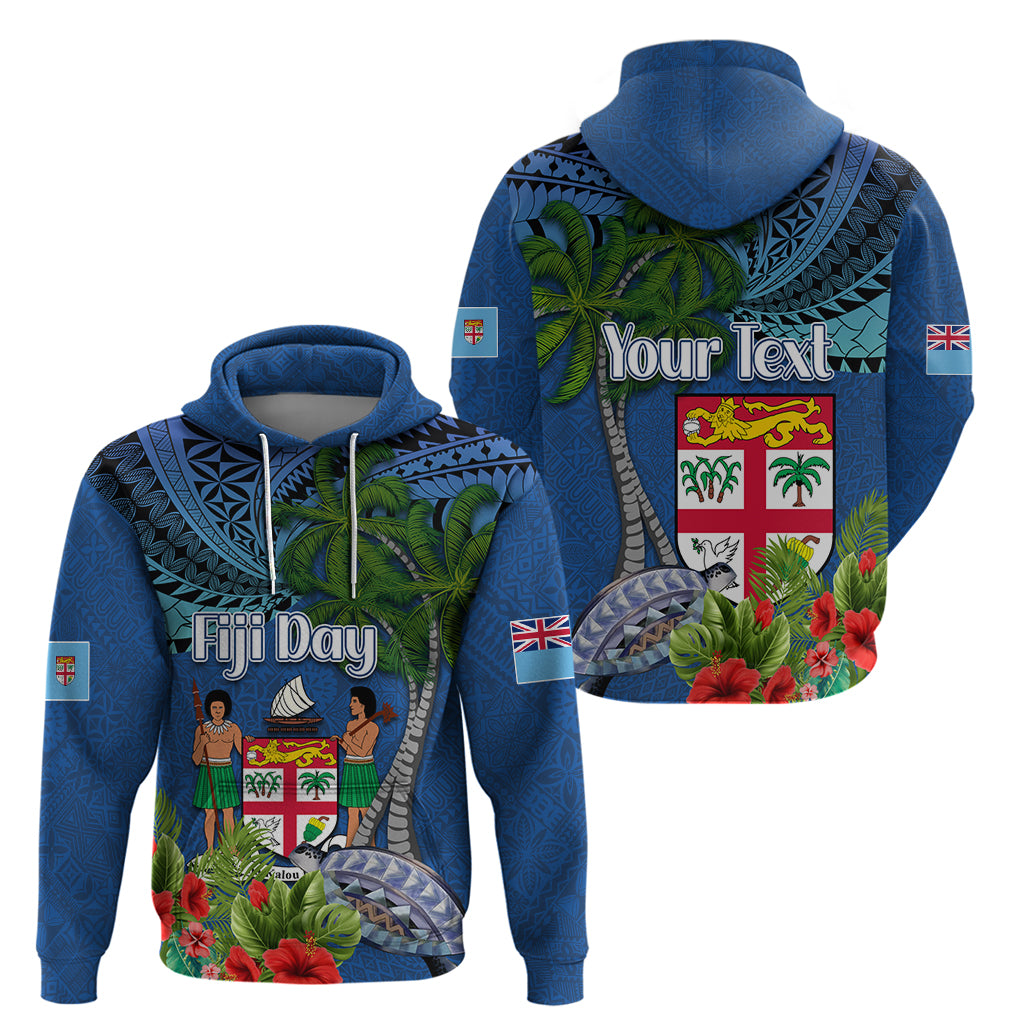 Personalised Fiji Independence Day Hoodie Fijian Coat of Arms Palm and Hibiscus Tapa Pattern LT03 - Polynesian Pride