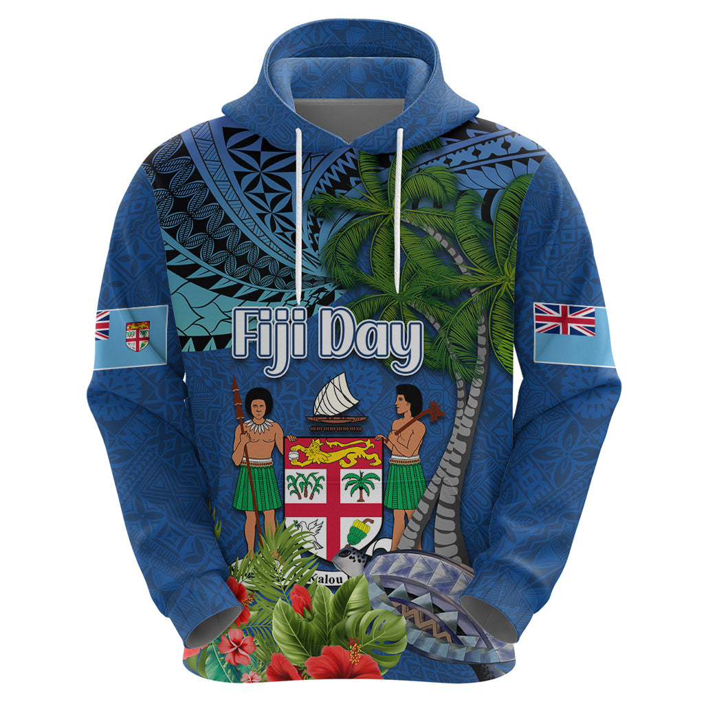 Personalised Fiji Independence Day Hoodie Fijian Coat of Arms Palm and Hibiscus Tapa Pattern LT03 - Polynesian Pride