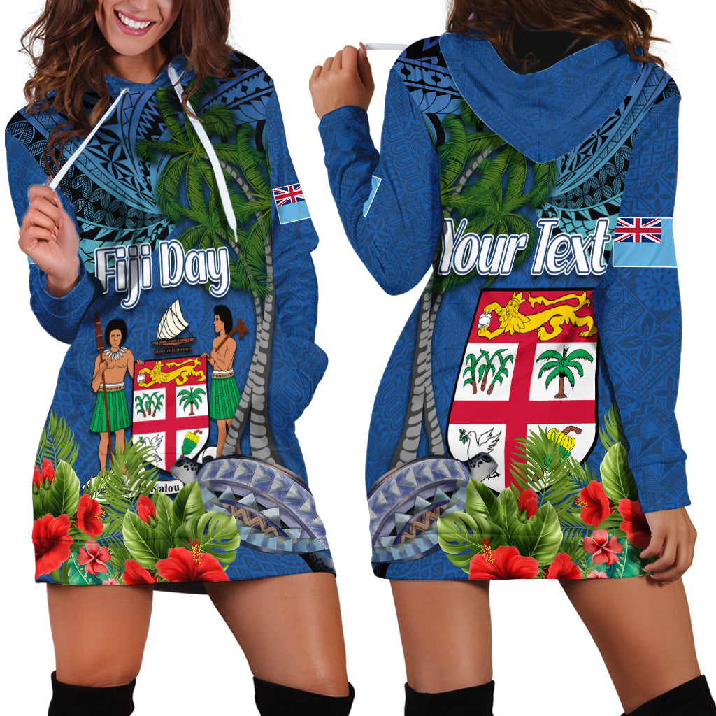 Fiji Independence Day Hoodie Dress Fijian Coat of Arms Palm and Hibiscus Tapa Pattern