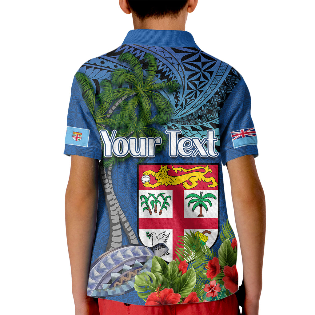 Fiji Independence Day Kid Polo Shirt Fijian Coat of Arms Palm and Hibiscus Tapa Pattern