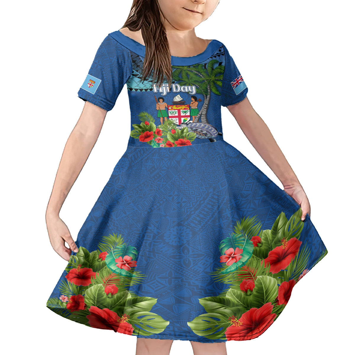 Personalised Fiji Independence Day Kid Short Sleeve Dress Fijian Coat of Arms Palm and Hibiscus Tapa Pattern LT03 KID Blue - Polynesian Pride