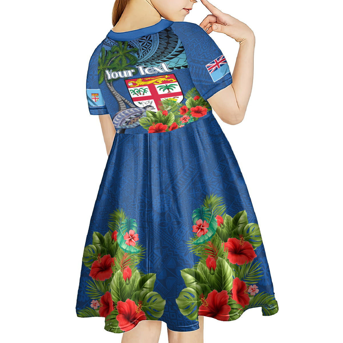 Fiji Independence Day Kid Short Sleeve Dress Fijian Coat of Arms Palm and Hibiscus Tapa Pattern