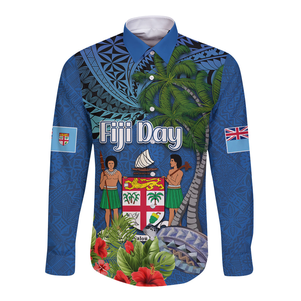 Personalised Fiji Independence Day Long Sleeve Button Shirt Fijian Coat of Arms Palm and Hibiscus Tapa Pattern LT03 Unisex Blue - Polynesian Pride