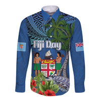 Fiji Independence Day Long Sleeve Button Shirt Fijian Coat of Arms Palm and Hibiscus Tapa Pattern
