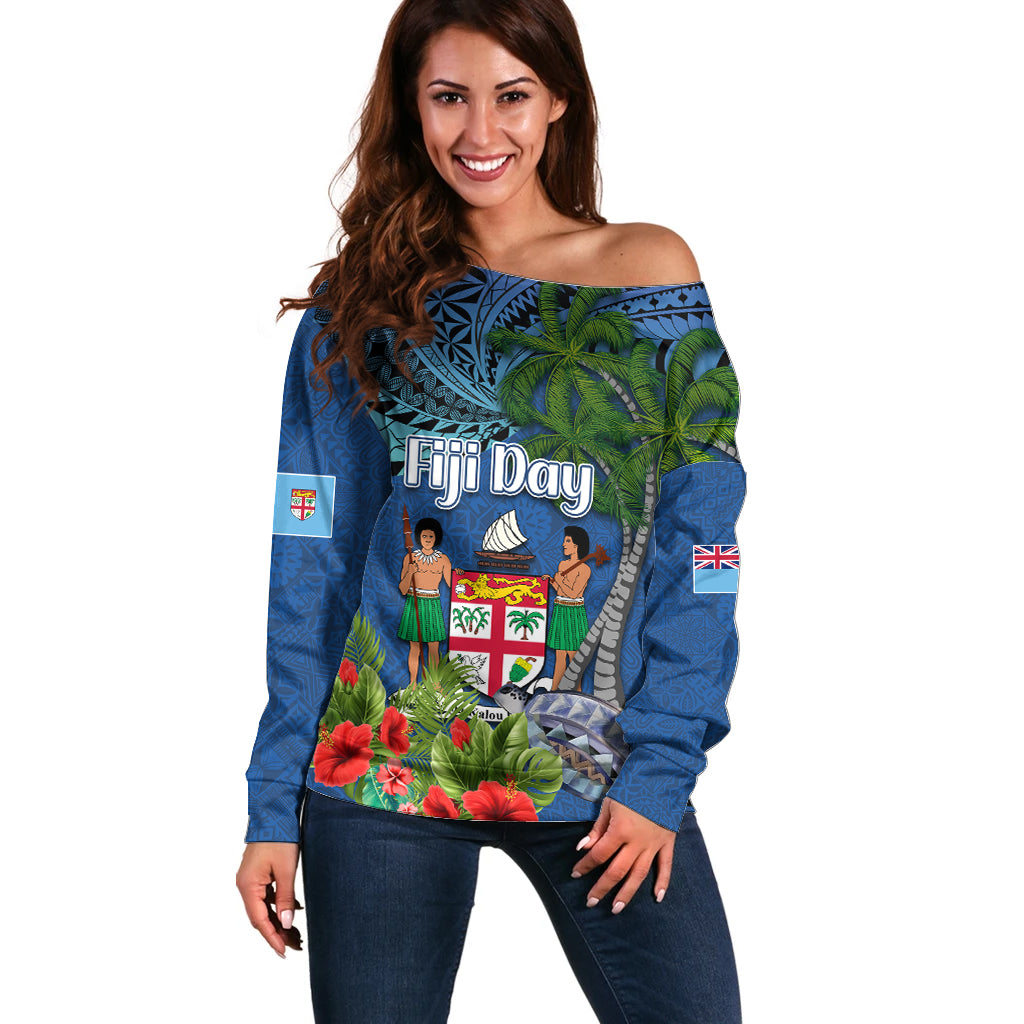 Personalised Fiji Independence Day Off Shoulder Sweater Fijian Coat of Arms Palm and Hibiscus Tapa Pattern LT03 Women Blue - Polynesian Pride