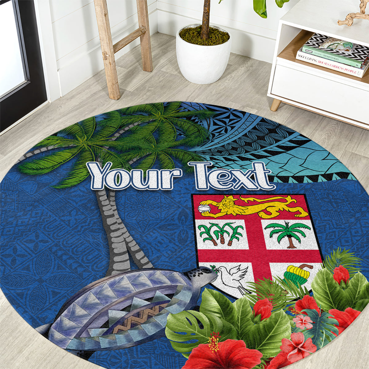 Personalised Fiji Independence Day Round Carpet Fijian Coat of Arms Palm and Hibiscus Tapa Pattern