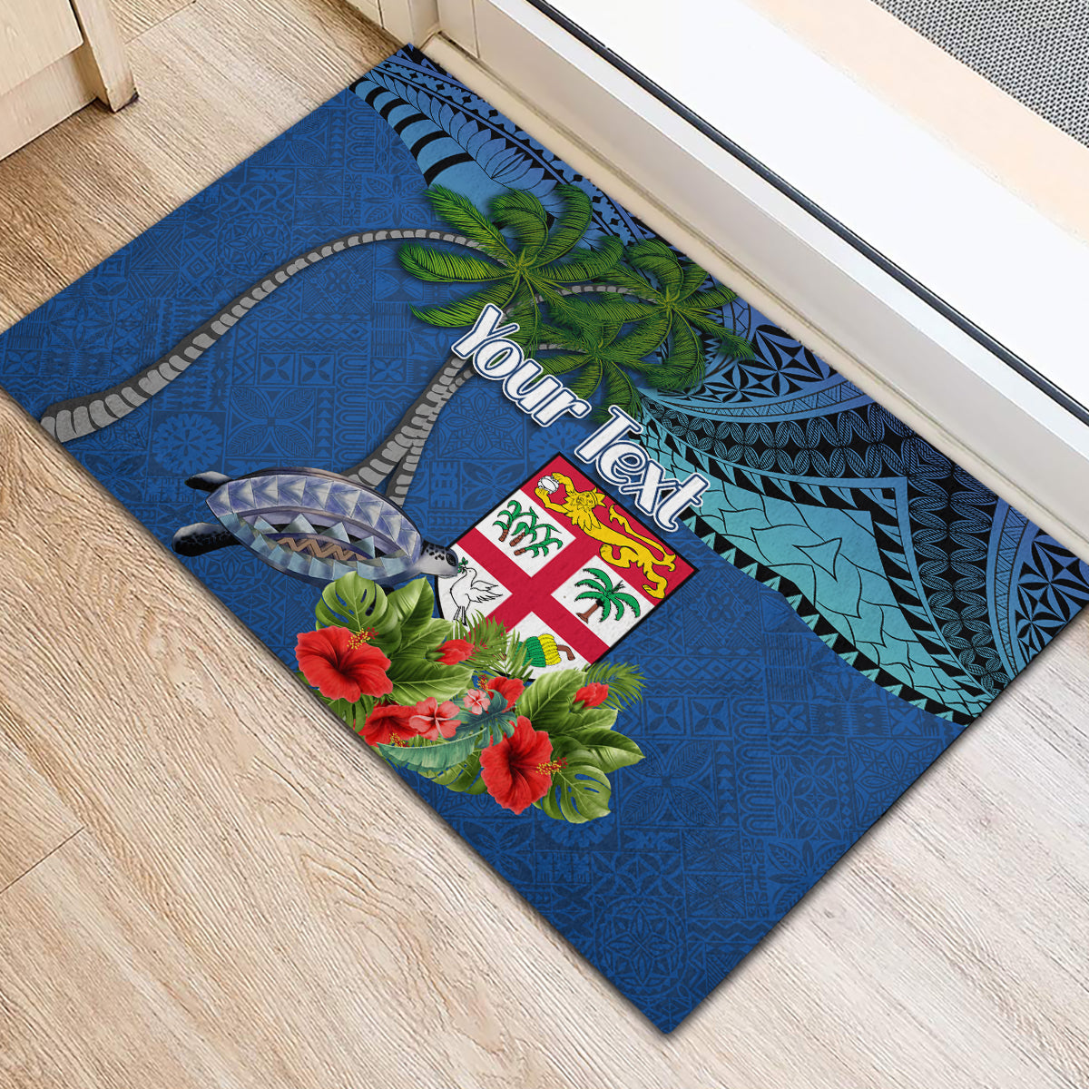 Personalised Fiji Independence Day Rubber Doormat Fijian Coat of Arms Palm and Hibiscus Tapa Pattern