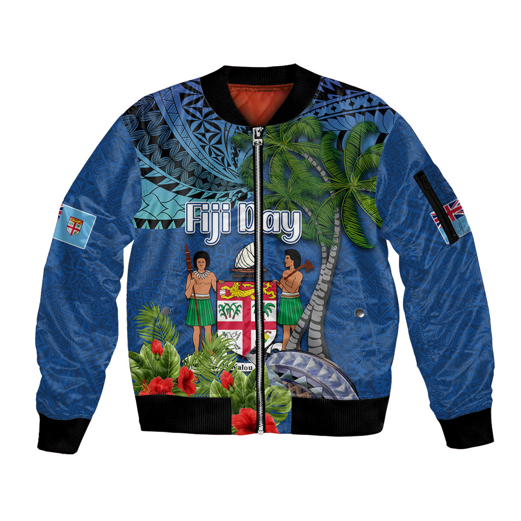 Personalised Fiji Independence Day Sleeve Zip Bomber Jacket Fijian Coat of Arms Palm and Hibiscus Tapa Pattern LT03 Unisex Blue - Polynesian Pride