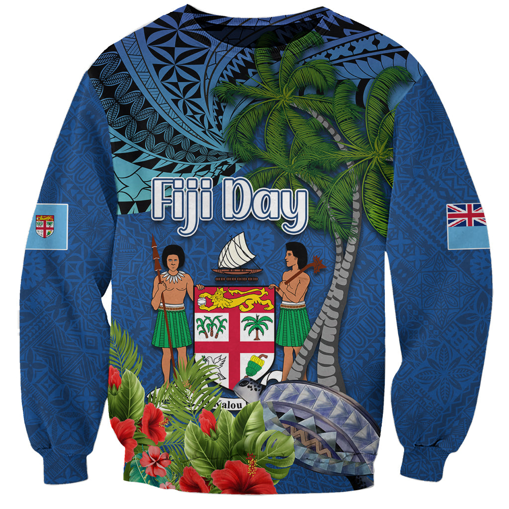 Personalised Fiji Independence Day Sweatshirt Fijian Coat of Arms Palm and Hibiscus Tapa Pattern LT03 Unisex Blue - Polynesian Pride