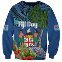 Personalised Fiji Independence Day Sweatshirt Fijian Coat of Arms Palm and Hibiscus Tapa Pattern LT03 Unisex Blue - Polynesian Pride