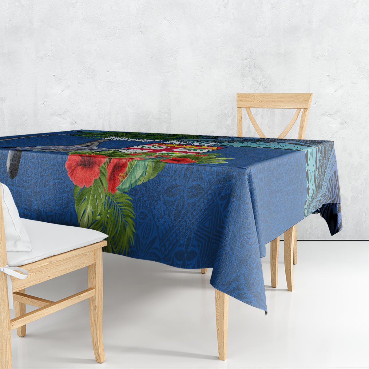 Personalised Fiji Independence Day Tablecloth Fijian Coat of Arms Palm and Hibiscus Tapa Pattern