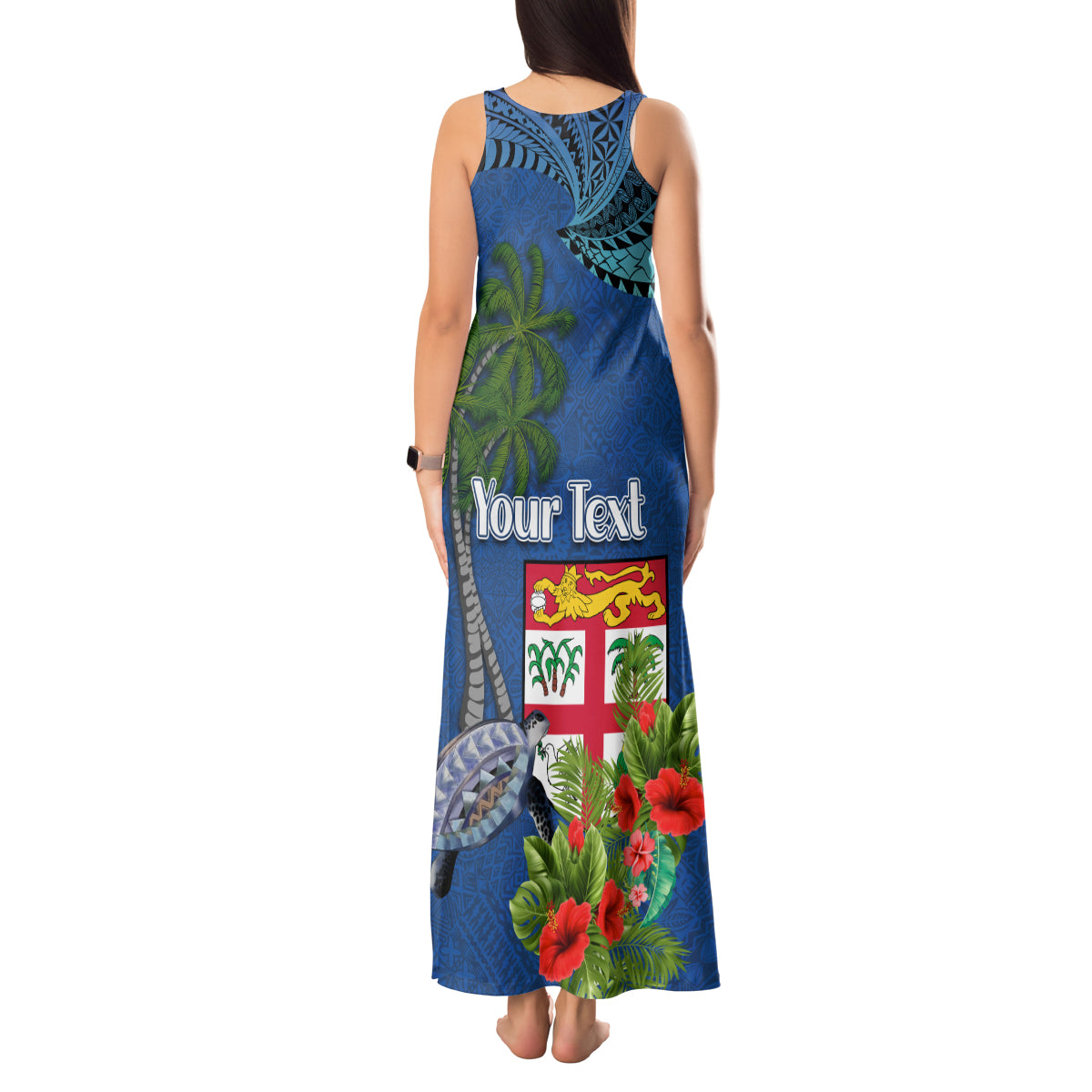Fiji Independence Day Tank Maxi Dress Fijian Coat of Arms Palm and Hibiscus Tapa Pattern