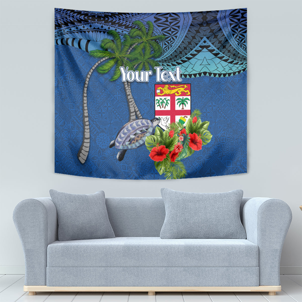 Personalised Fiji Independence Day Tapestry Fijian Coat of Arms Palm and Hibiscus Tapa Pattern
