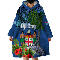 Fiji Independence Day Wearable Blanket Hoodie Fijian Coat of Arms Palm and Hibiscus Tapa Pattern