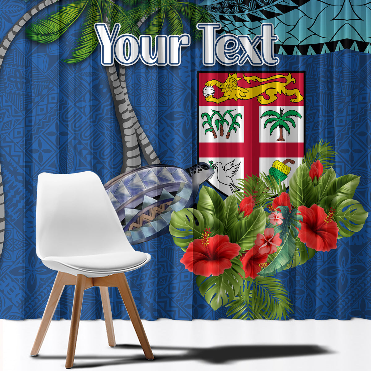 Personalised Fiji Independence Day Window Curtain Fijian Coat of Arms Palm and Hibiscus Tapa Pattern
