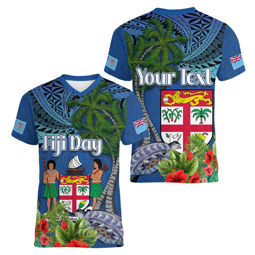 Fiji Independence Day Women V-Neck T-Shirt Fijian Coat of Arms Palm and Hibiscus Tapa Pattern