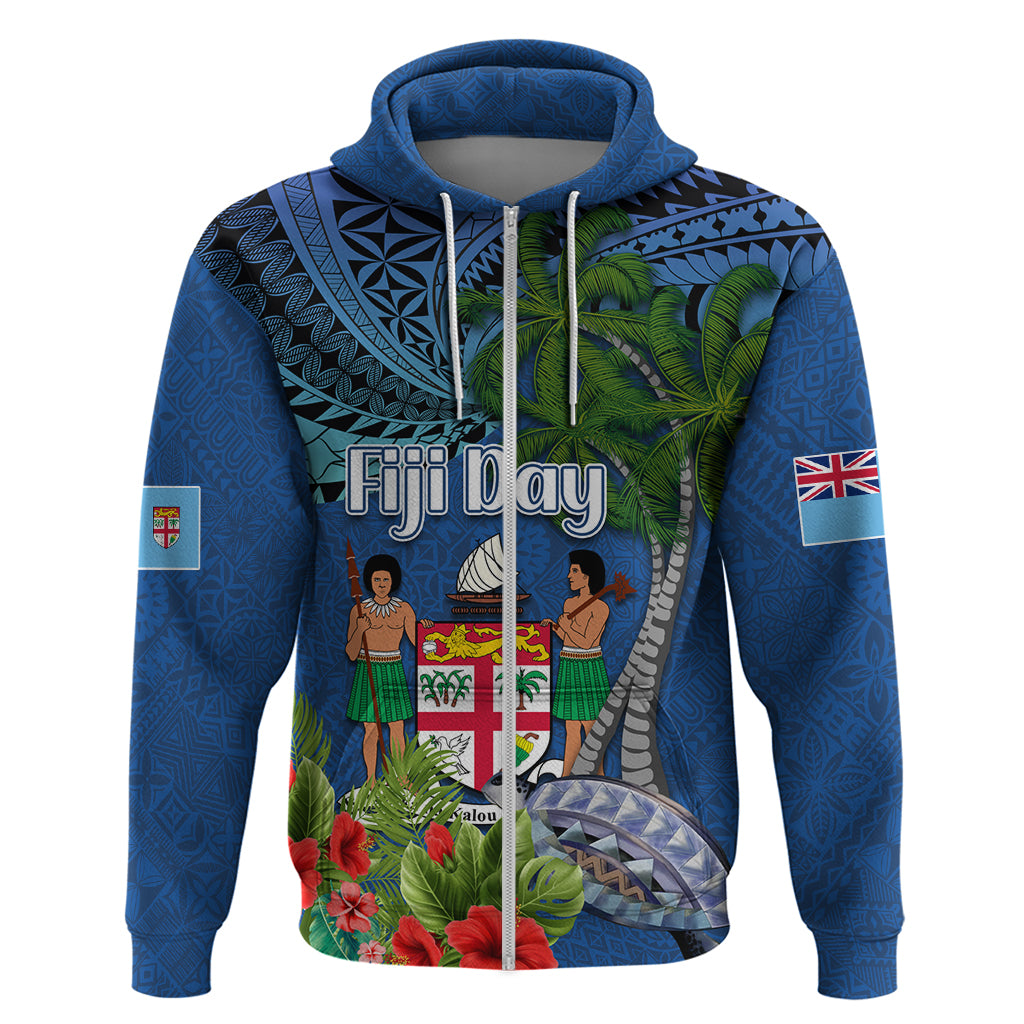Fiji Independence Day Zip Hoodie Fijian Coat of Arms Palm and Hibiscus Tapa Pattern