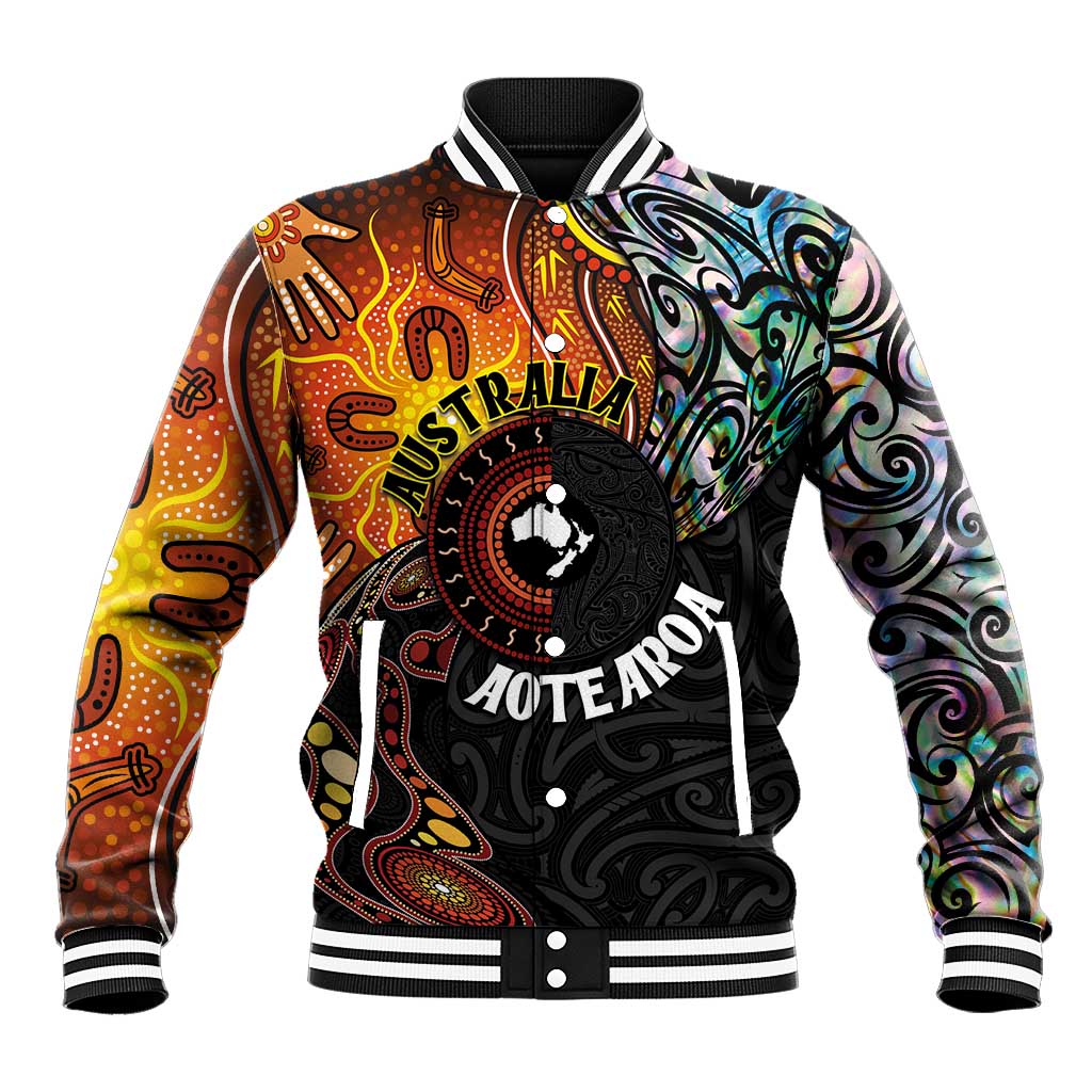 New Zealand and Australia Together Baseball Jacket Maori Tattoo Paua Shell mix Aboriginal Pattern