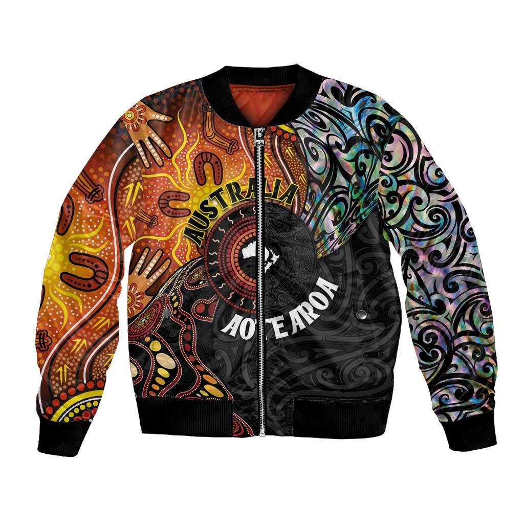 New Zealand and Australia Together Bomber Jacket Maori Tattoo Paua Shell mix Aboriginal Pattern LT03 Unisex Black - Polynesian Pride