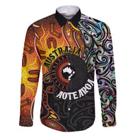 New Zealand and Australia Together Family Matching Long Sleeve Bodycon Dress and Hawaiian Shirt Maori Tattoo Paua Shell mix Aboriginal Pattern