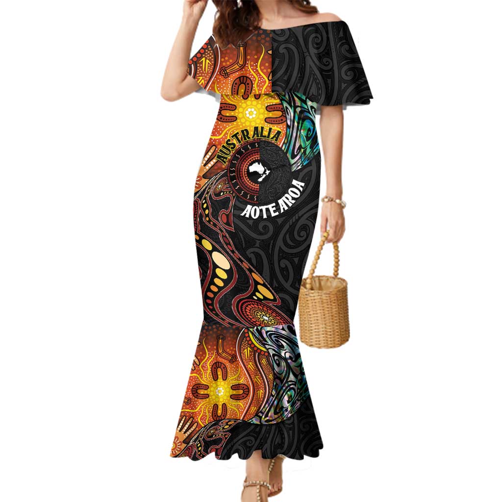 New Zealand and Australia Together Family Matching Mermaid Dress and Hawaiian Shirt Maori Tattoo Paua Shell mix Aboriginal Pattern
