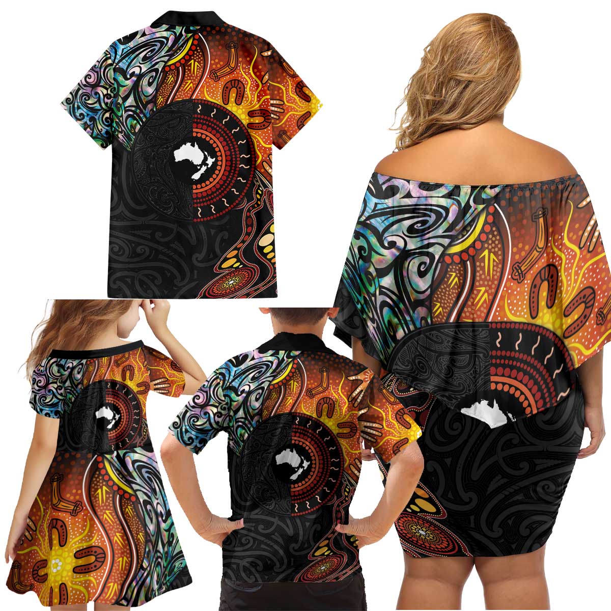 New Zealand and Australia Together Family Matching Off Shoulder Short Dress and Hawaiian Shirt Maori Tattoo Paua Shell mix Aboriginal Pattern