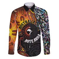 New Zealand and Australia Together Family Matching Off Shoulder Short Dress and Hawaiian Shirt Maori Tattoo Paua Shell mix Aboriginal Pattern