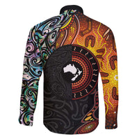 New Zealand and Australia Together Family Matching Off Shoulder Short Dress and Hawaiian Shirt Maori Tattoo Paua Shell mix Aboriginal Pattern