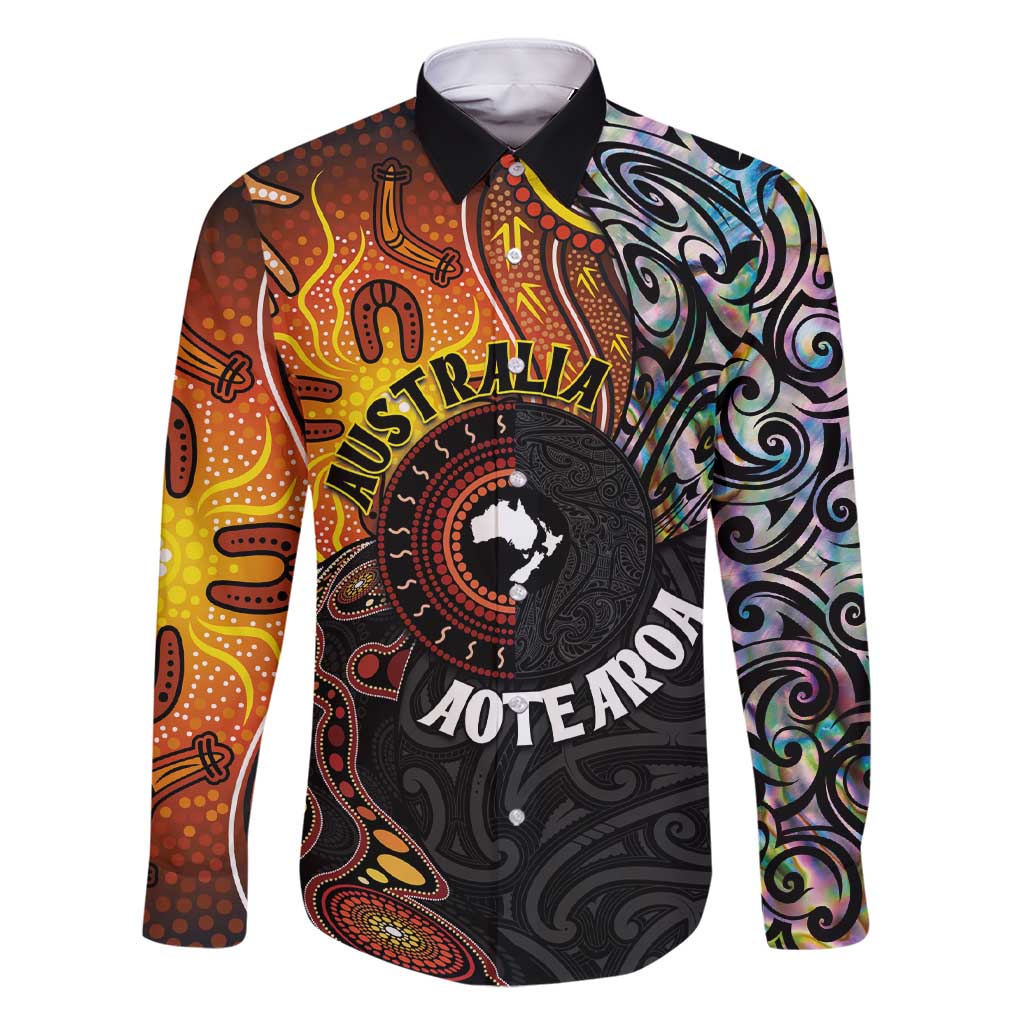 New Zealand and Australia Together Family Matching Short Sleeve Bodycon Dress and Hawaiian Shirt Maori Tattoo Paua Shell mix Aboriginal Pattern