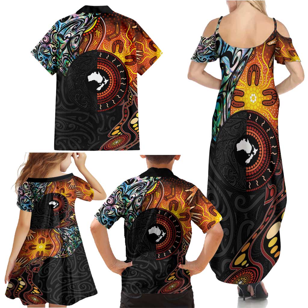 New Zealand and Australia Together Family Matching Summer Maxi Dress and Hawaiian Shirt Maori Tattoo Paua Shell mix Aboriginal Pattern