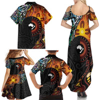 New Zealand and Australia Together Family Matching Summer Maxi Dress and Hawaiian Shirt Maori Tattoo Paua Shell mix Aboriginal Pattern