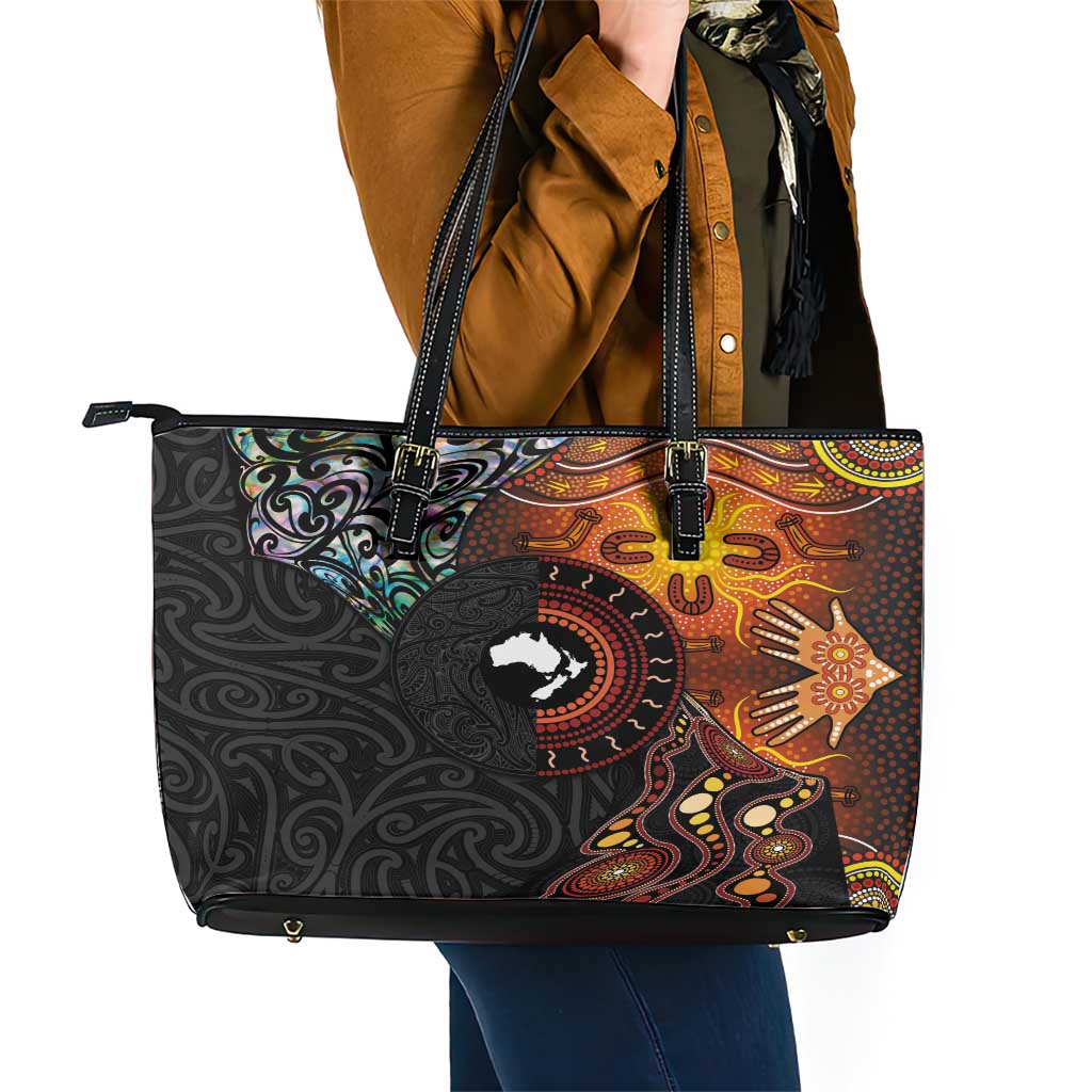 New Zealand and Australia Together Leather Tote Bag Maori Tattoo Paua Shell mix Aboriginal Pattern LT03 - Polynesian Pride