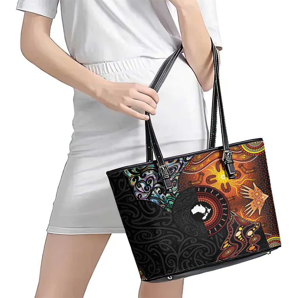 New Zealand and Australia Together Leather Tote Bag Maori Tattoo Paua Shell mix Aboriginal Pattern LT03 - Polynesian Pride