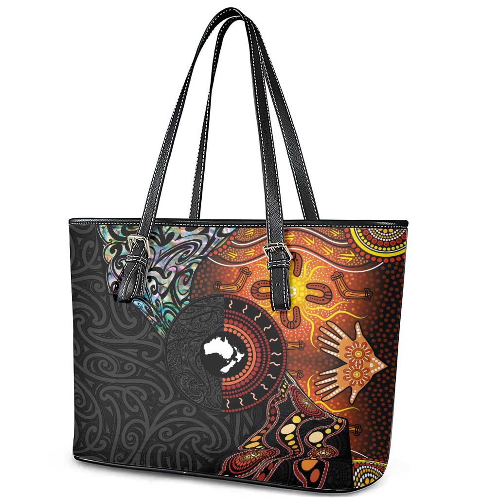 New Zealand and Australia Together Leather Tote Bag Maori Tattoo Paua Shell mix Aboriginal Pattern LT03 - Polynesian Pride