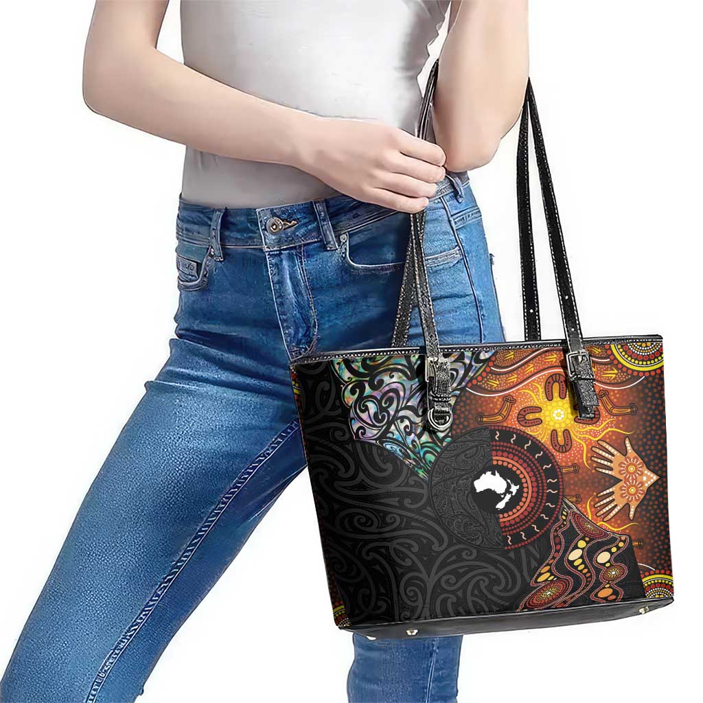 New Zealand and Australia Together Leather Tote Bag Maori Tattoo Paua Shell mix Aboriginal Pattern LT03 - Polynesian Pride
