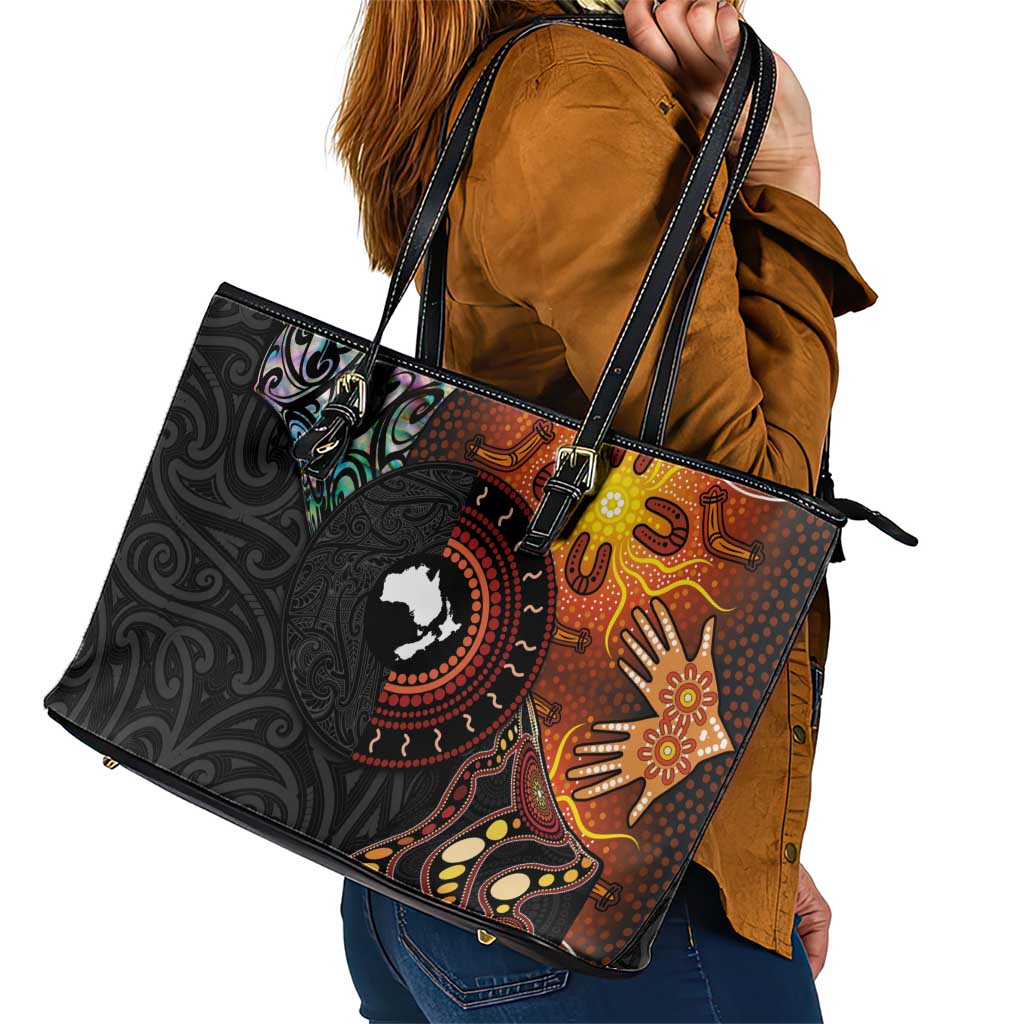 New Zealand and Australia Together Leather Tote Bag Maori Tattoo Paua Shell mix Aboriginal Pattern LT03 - Polynesian Pride