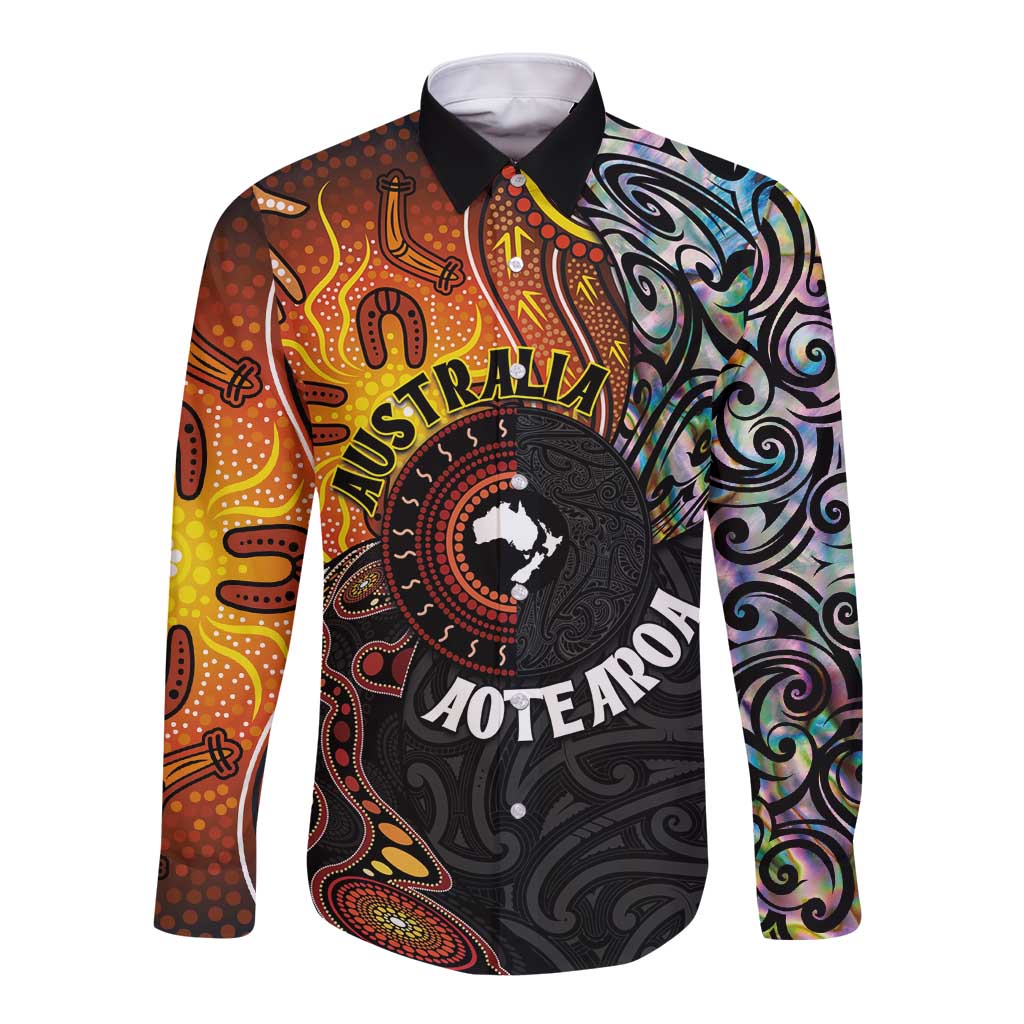 New Zealand and Australia Together Long Sleeve Button Shirt Maori Tattoo Paua Shell mix Aboriginal Pattern LT03 Unisex Black - Polynesian Pride