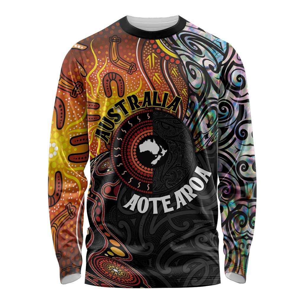 New Zealand and Australia Together Long Sleeve Shirt Maori Tattoo Paua Shell mix Aboriginal Pattern LT03 Unisex Black - Polynesian Pride