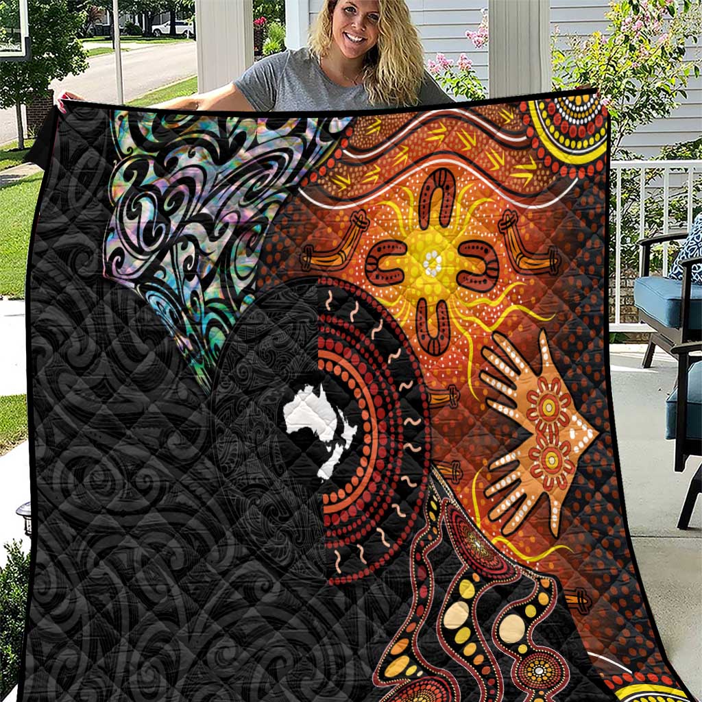 New Zealand and Australia Together Quilt Maori Tattoo Paua Shell mix Aboriginal Pattern LT03 Black - Polynesian Pride