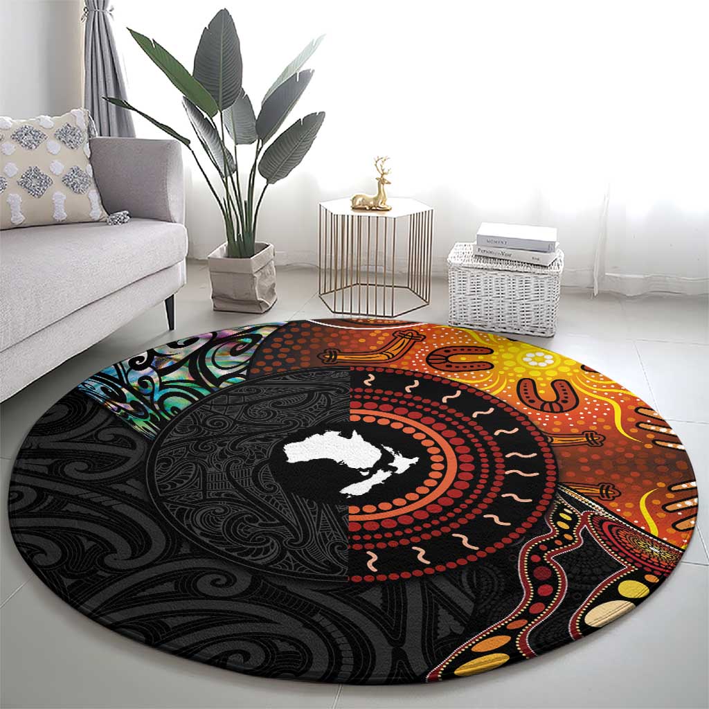 New Zealand and Australia Together Round Carpet Maori Tattoo Paua Shell mix Aboriginal Pattern