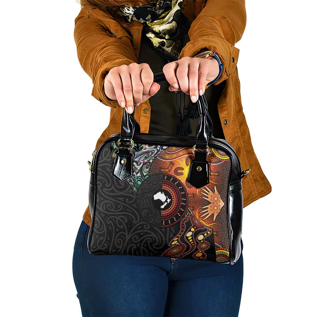 New Zealand and Australia Together Shoulder Handbag Maori Tattoo Paua Shell mix Aboriginal Pattern LT03 One Size Black - Polynesian Pride