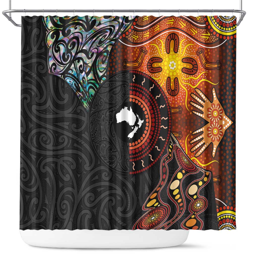 New Zealand and Australia Together Shower Curtain Maori Tattoo Paua Shell mix Aboriginal Pattern LT03 Black - Polynesian Pride