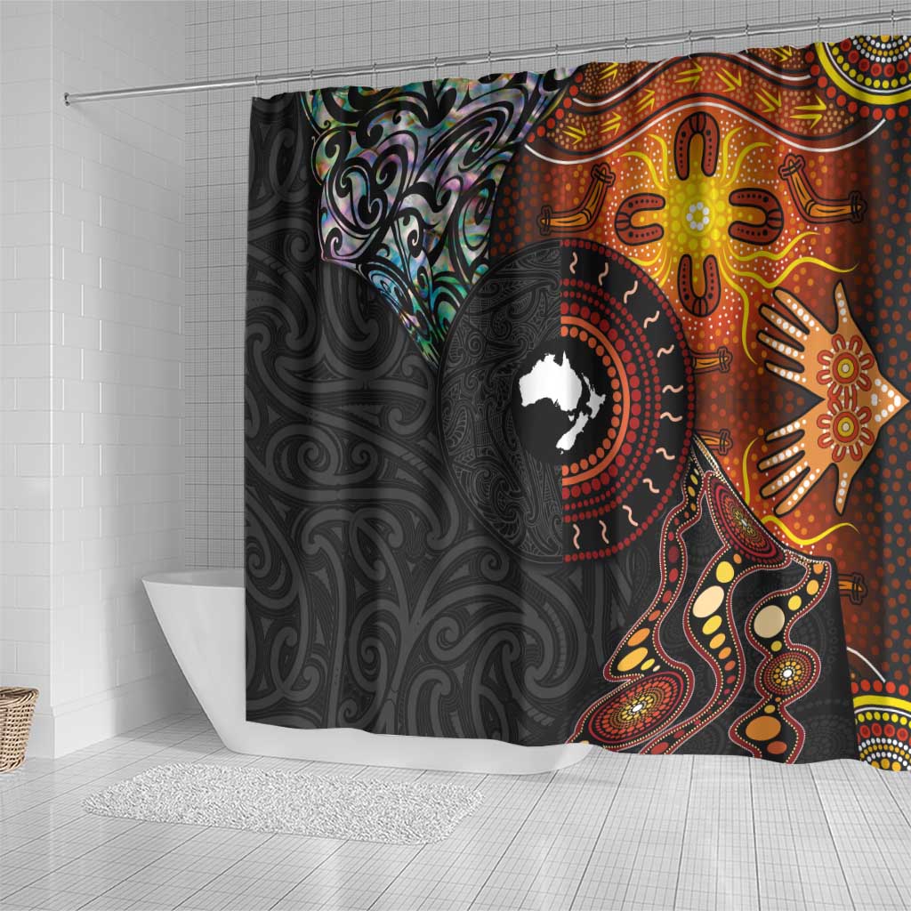 New Zealand and Australia Together Shower Curtain Maori Tattoo Paua Shell mix Aboriginal Pattern